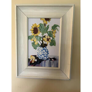 Sunflower in Blue and White Vase Painting with Whitewashed Frame 20"x17"
